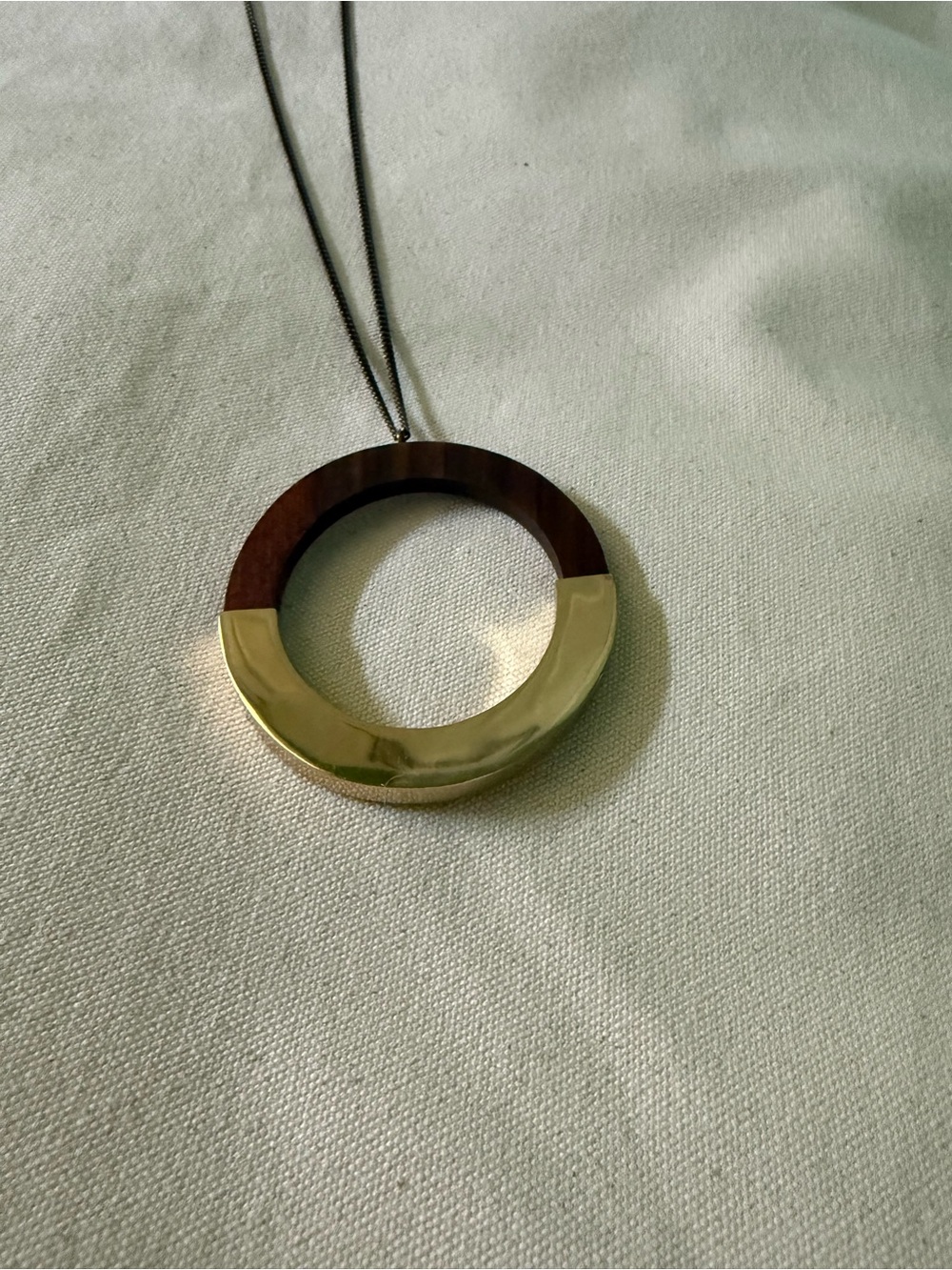 Anthropologie Gold and Dark Brown Wood Circle Pendant Necklace